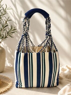 Mercado Global Artisan Woven Tote Bag Blue Stripe Canvas Rope Handle Beach Tote